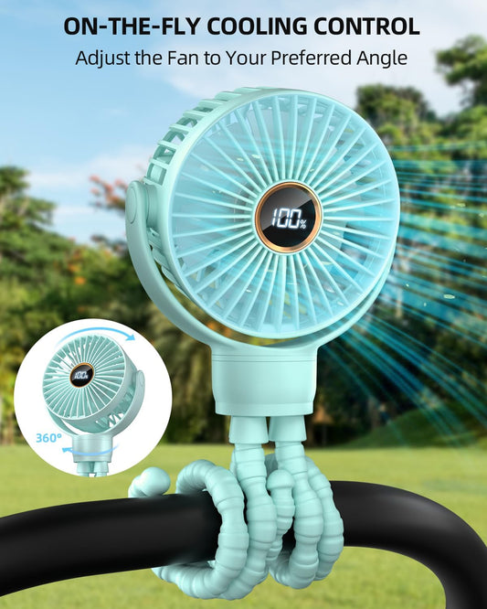 Portable Stroller Mini Fan, Small Rechargeable Personal Fan, Baby Travel Essentials for Wagon, Car Seat, Treadmill, Battery Powered Biking Gear Accessories, 360° Rotation, 3-Speed, Display, Black