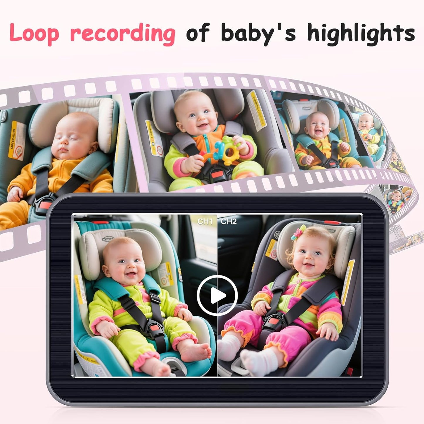 HD-1080P 2-Kids Baby Car Camera: Auto Night Vision Dual Backseat Cameras with 7” Split-Screen Recording Monitor - 360° Rotation, Easy Installion Without Tools for Twins & Siblings