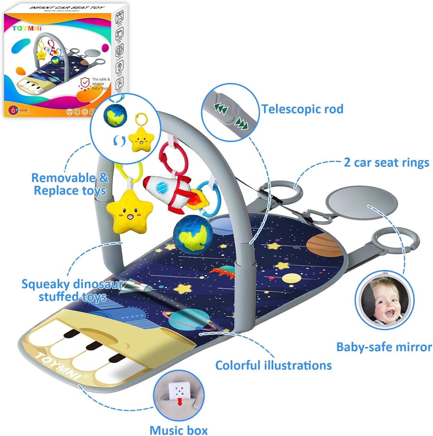 Car Seat Toys for 6-12 Months - Musical Pedal Piano with Baby Mirror, Squeaky Sensory Soft Animal Toys for Rear Facing Carseats