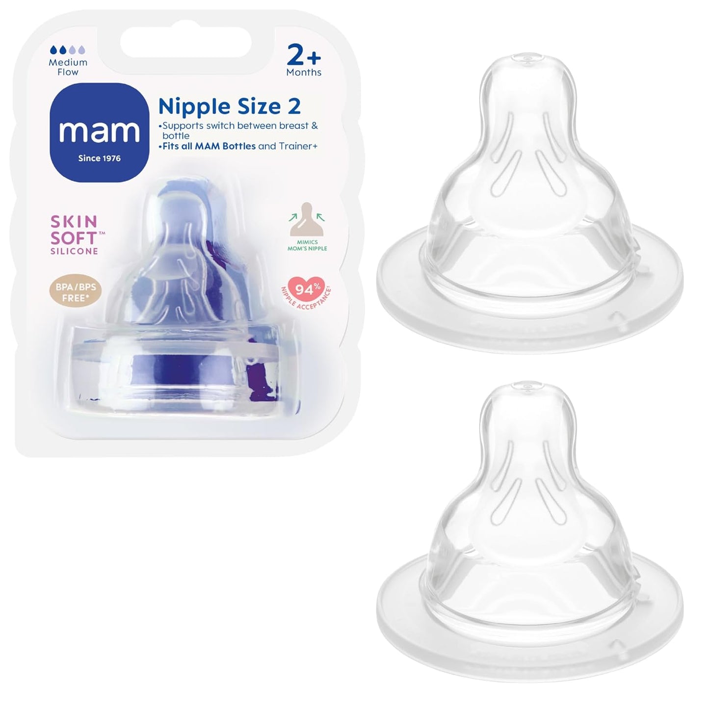 MAM Baby Bottle Anti-Colic Nipples Extra Slow Flow Size 0, for Newborn Babies, Skin Soft BPA Free Silicone, 94% Nipple Acceptance, Fits All MAM Bottles, Developed with Medical Experts, Made in Europe
