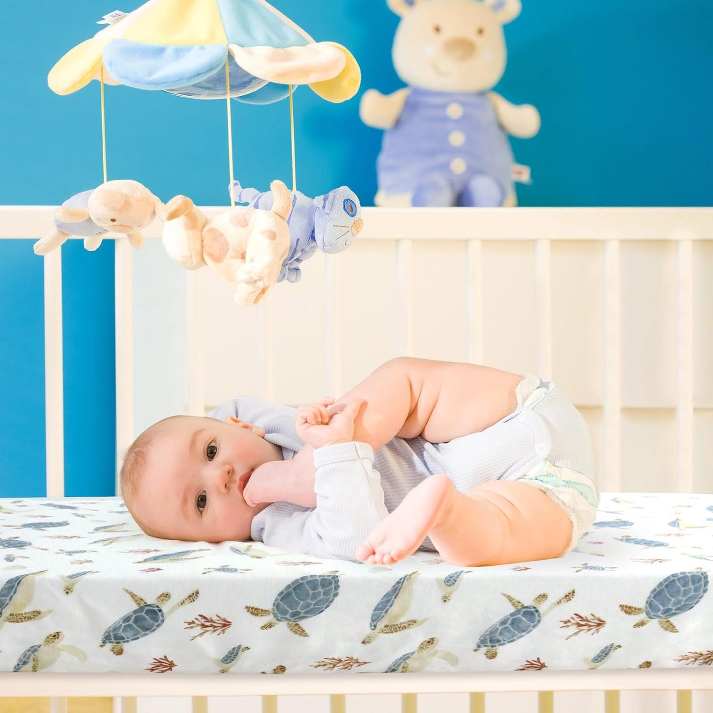 LifeTree Crib Sheets for Baby Unisex - Muslin Fitted Crib Sheets Toddler Bed Sheet, 70% Viscose from Bamboo and 30% Cotton, Fits Mini Crib & Pack and Play Playard, Bear, 26in x 38in