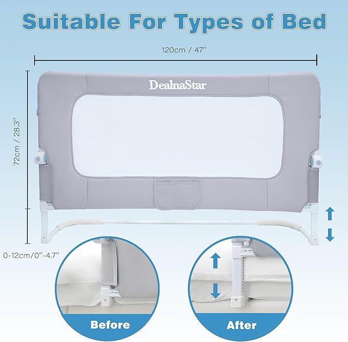 Bed Rail for Toddlers,Foldable Baby Bed Rail-47in/120cm Height Adjustable Safety Guard for Kids, Universal Fit Twin/Full/King/Queen Beds.