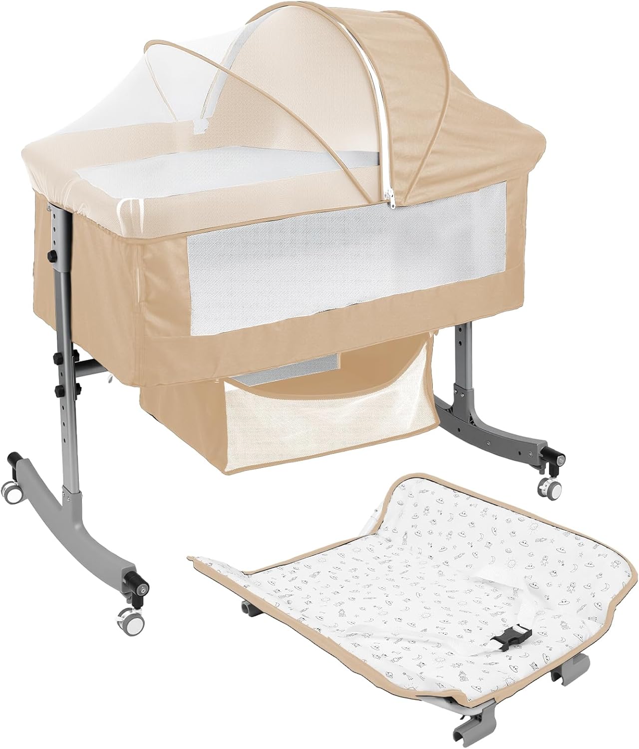 Baby Bedside Sleeper Bassinet with Changing Table, 39.4x23.6in, Portable, 6-Height Adjustable, 4-in-1 Iron Frame, Silent Wheels & Brakes, Breathable Mesh, Grey, for 0-24 Months