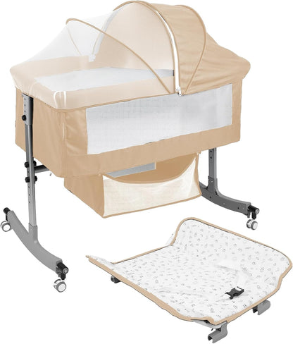 Baby Bedside Sleeper Bassinet with Changing Table, 39.4x23.6in, Portable, 6-Height Adjustable, 4-in-1 Iron Frame, Silent Wheels & Brakes, Breathable Mesh, Grey, for 0-24 Months