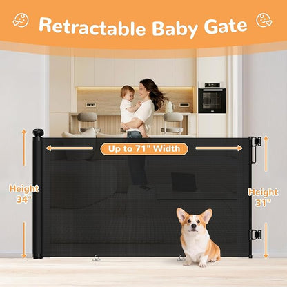Wide Retractable Baby Gate - 34" Tall Extends to 71" Wide Mesh Safety Gate with Anti-Crawling Hook, Adjustable Baseboard Bracket, Dog Gate for Stairs, Doorways, Hallways, Black