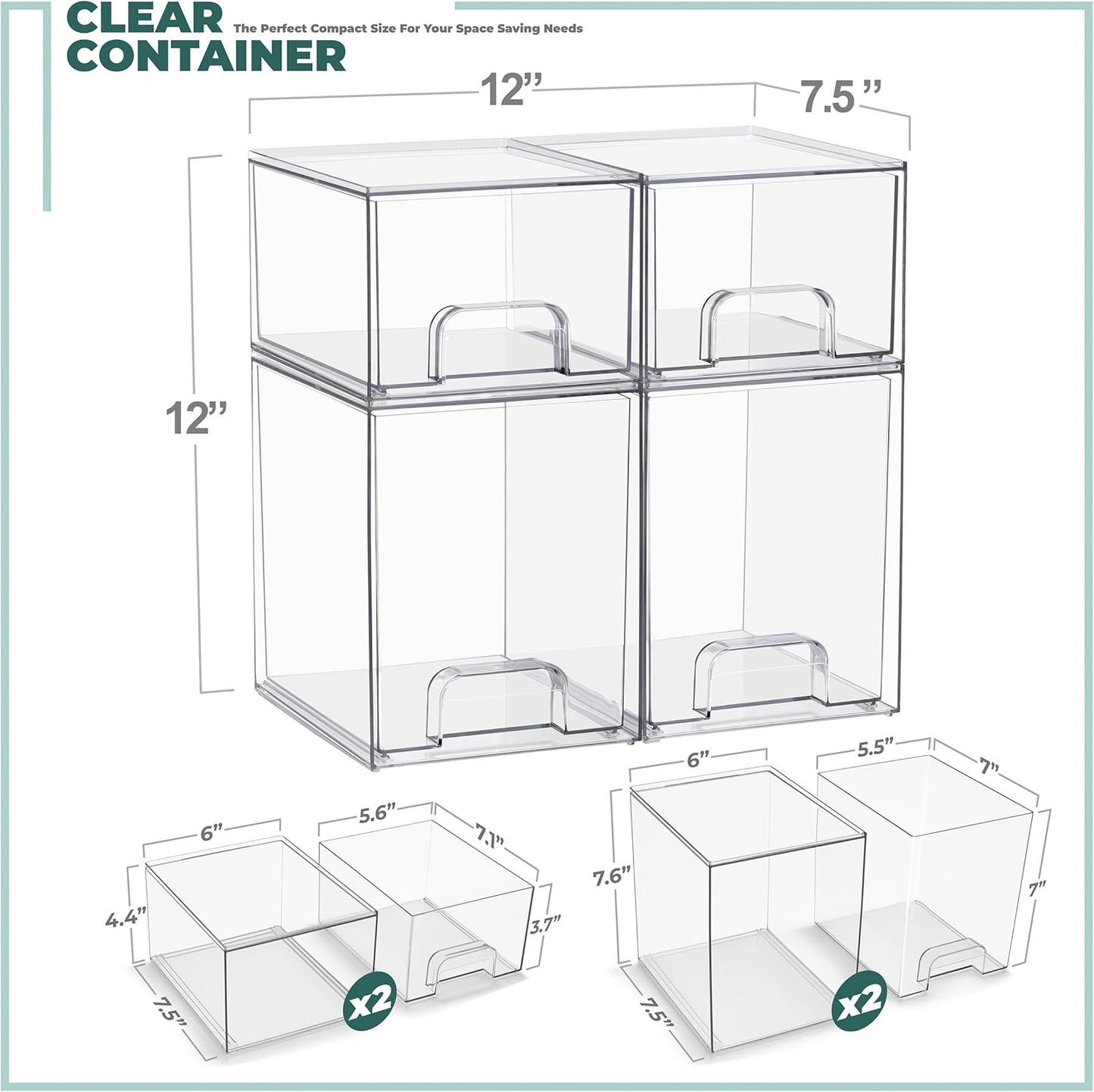 Sorbus Stackable Acrylic Storage Drawers – 2 Small + 2 Tall + 1 Wide – 5 Pack Clear Plastic Organizer Bins for Baby Bottles, Makeup, Bathroom & Vanity, Pull-Out Drawer Design for Kitchen Cabinets
