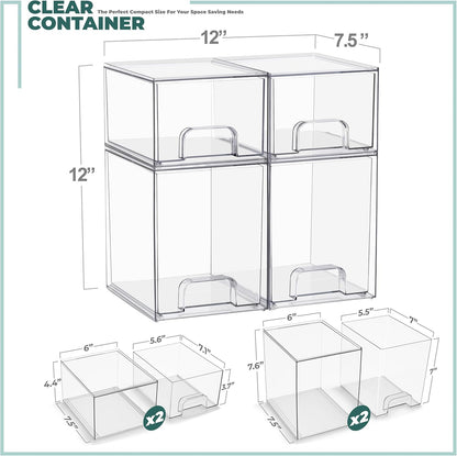 Sorbus Stackable Acrylic Storage Drawers – 2 Small + 2 Tall + 1 Wide – 5 Pack Clear Plastic Organizer Bins for Baby Bottles, Makeup, Bathroom & Vanity, Pull-Out Drawer Design for Kitchen Cabinets