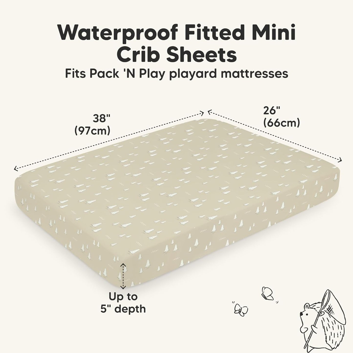 2-Pack Waterproof Pack and Play Sheets, Mini Crib Sheets Fitted for Boy, Girl - 38 x 26 Viscose from Bamboo Pack N Play Mattress Sheets for Graco, Toddler Playard Baby Crib Sheets Neutral (Blue Flax) - Colors B