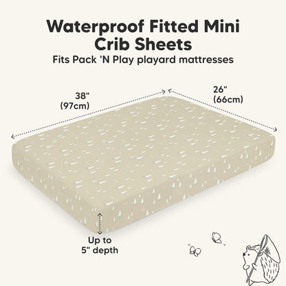 2-Pack Waterproof Pack and Play Sheets, Mini Crib Sheets Fitted for Boy, Girl - 38 x 26 Viscose from Bamboo Pack N Play Mattress Sheets for Graco, Toddler Playard Baby Crib Sheets Neutral (Blue Flax) - Colors B