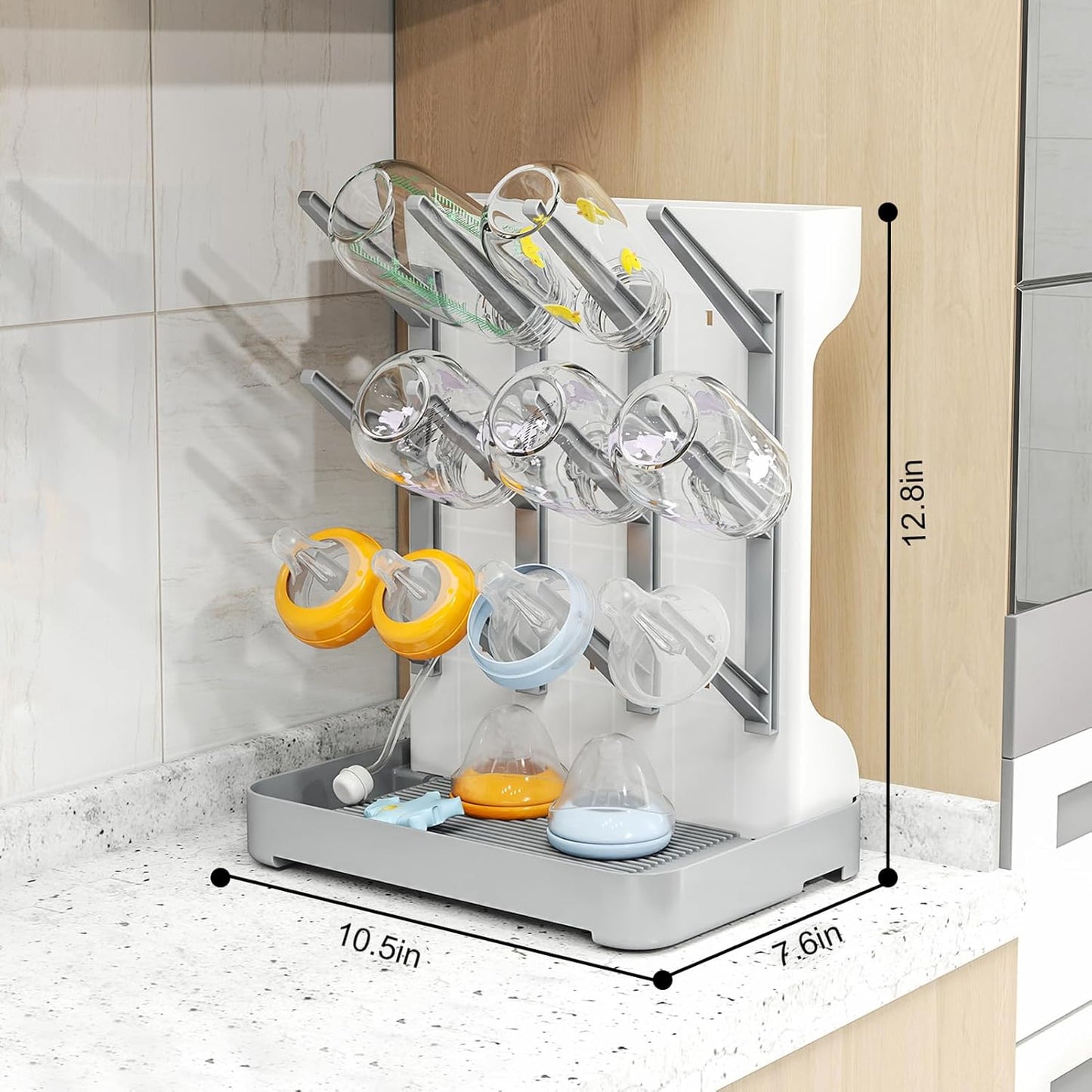 GoMaihe Baby Bottle Drying Rack: Space Saving Vertical Bottle Dryer Holder - Newborn Accessories Storage Stand Organize Brushes Pacifiers on Countertop - BPA-Free - Gray