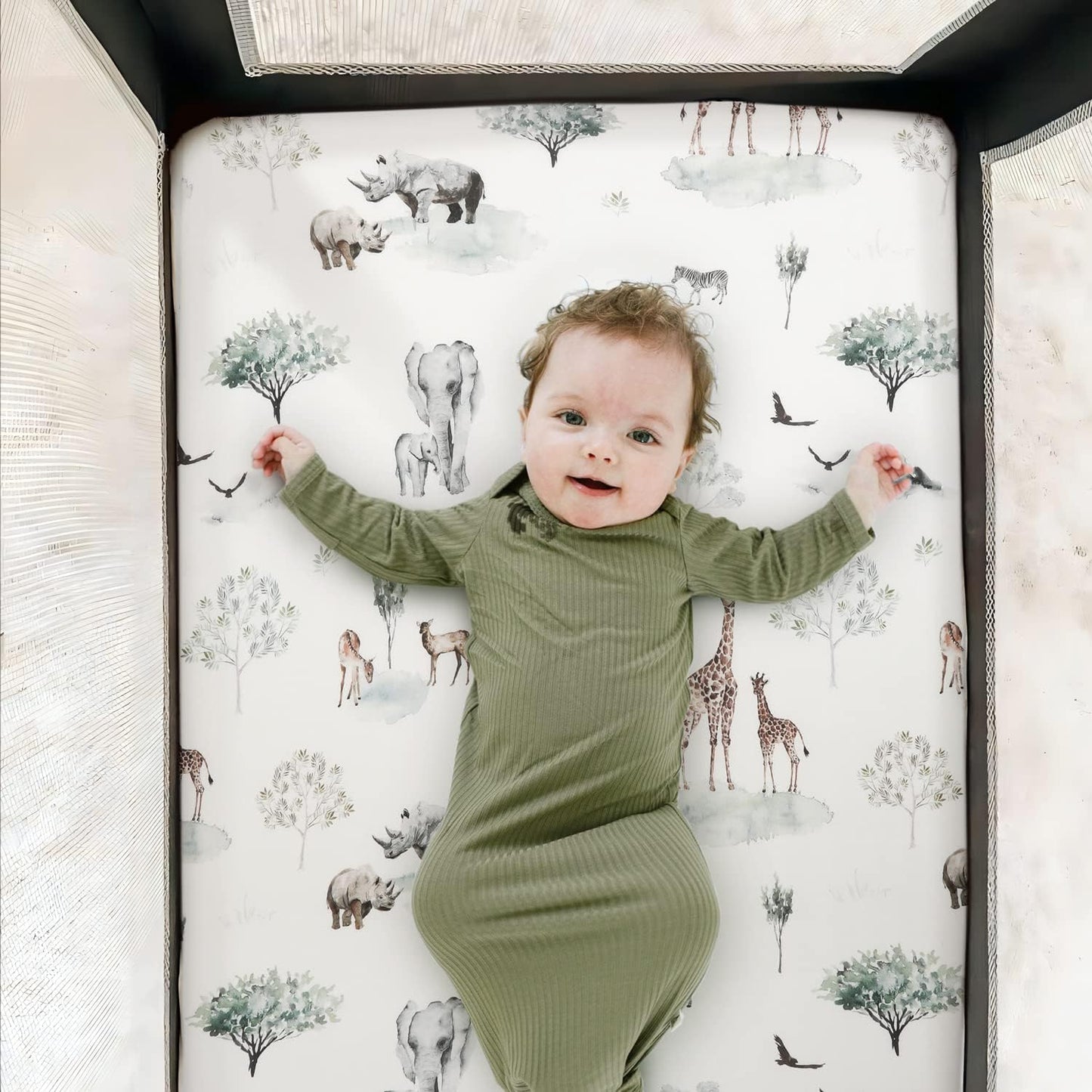 GRSSDER Stretch Ultra Soft Jersey Knit Fitted Pack n Play Playard Sheets Set 2 Pack，Fits Portable/Mini Cribs Sheets, Playards Mattress Pads, Stylish Watercolor Animals for Baby, Mint Green