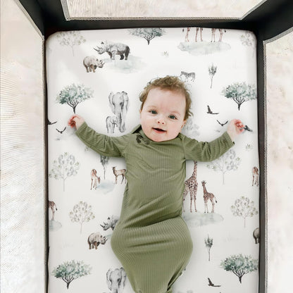 GRSSDER Stretch Ultra Soft Jersey Knit Fitted Pack n Play Playard Sheets Set 2 Pack，Fits Portable/Mini Cribs Sheets, Playards Mattress Pads, Stylish Watercolor Animals for Baby, Mint Green