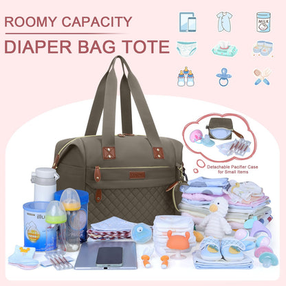 Pritent Diaper Bag Tote - Diaper Baby Bags with Pacifier Case, Shoulder Straps, Stroller Clips, Waterproof Large Mommy Maternity Travel Baby Bag for Mom and Dad, Green, Medium