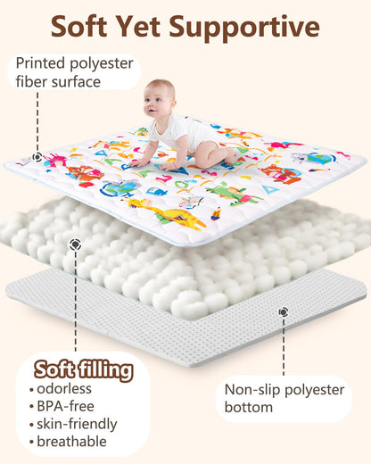 Baby Play Mat, 50x50 Playpen Mat with Super Soft Touch, Activity Mats with Upgraded Anti-Slip Bottom, Machine Washable Crawling Mats for Floor & Picnic (Animal Alphabets)