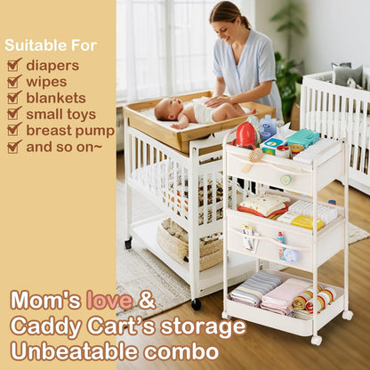 Baby Diaper Caddy, Premium Metal& Felt Movable Cart with Dividers for Newborn Nursery Essentials, Large Capacity Rolling Diaper Storage Caddy Organizer for Changing Table &Crib, Easy Assembly- Beige