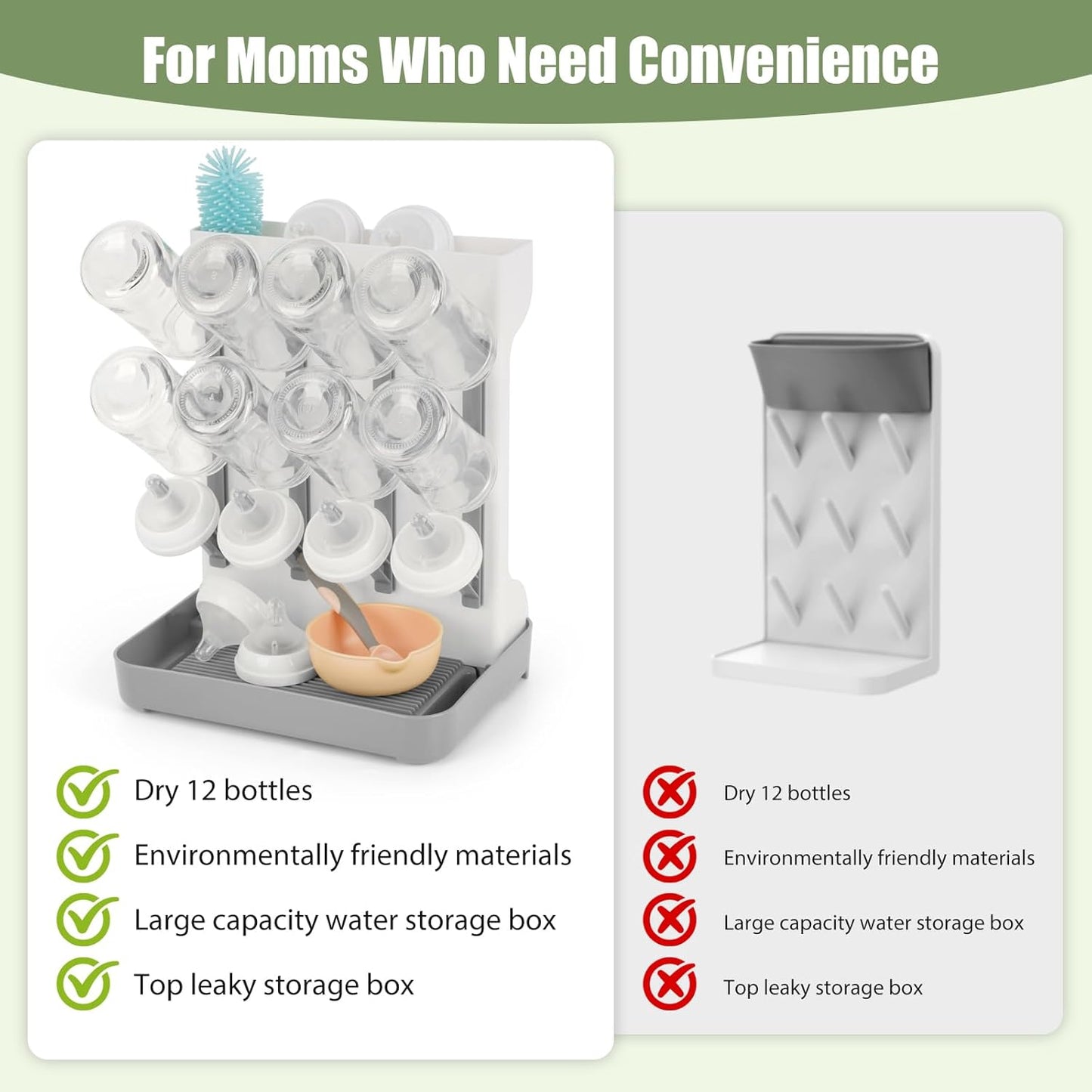 Baby Bottle Drying Rack, Space Saving Baby Bottle Organizer for Countertop, Vertical Bottle Dryer Holder with Brushes Holder, Large Bottle Storage Holder 12 Bottles & Baby Accessories Green