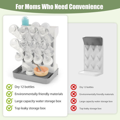 Baby Bottle Drying Rack, Space Saving Baby Bottle Organizer for Countertop, Vertical Bottle Dryer Holder with Brushes Holder, Large Bottle Storage Holder 12 Bottles & Baby Accessories Green