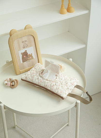 Quilted Baby Wipe Holder Quilted Wipe Pouch Portable Hanging Floral Wet Wipes Bag for Car, Stroller