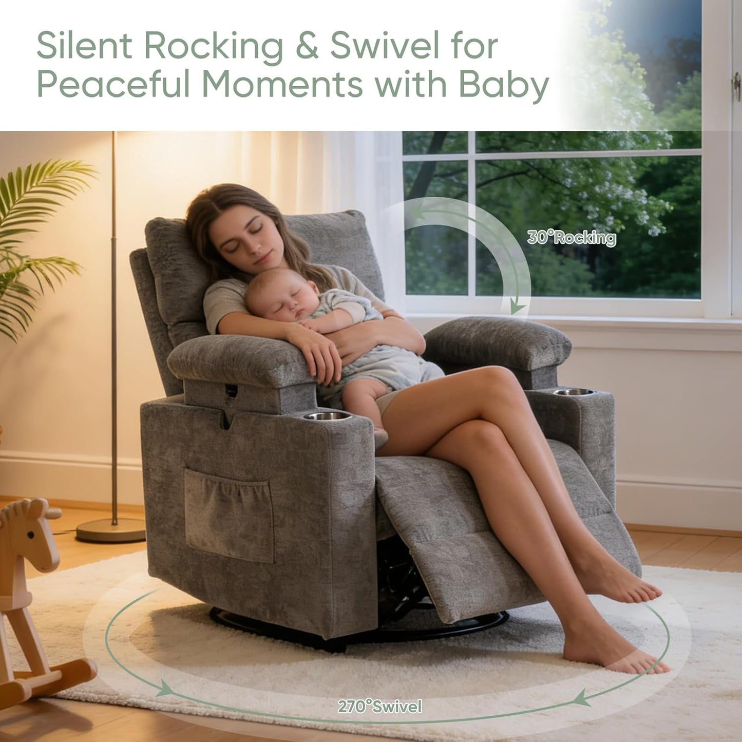 Rocking Chair Nursery with Adjustable Armrest for Breastfeeding, Glider Recliner Nursery Chair with Massage and Heat, Power Swivel Rocker Recliner with Adjustable Headrest, Corduroy, Beige