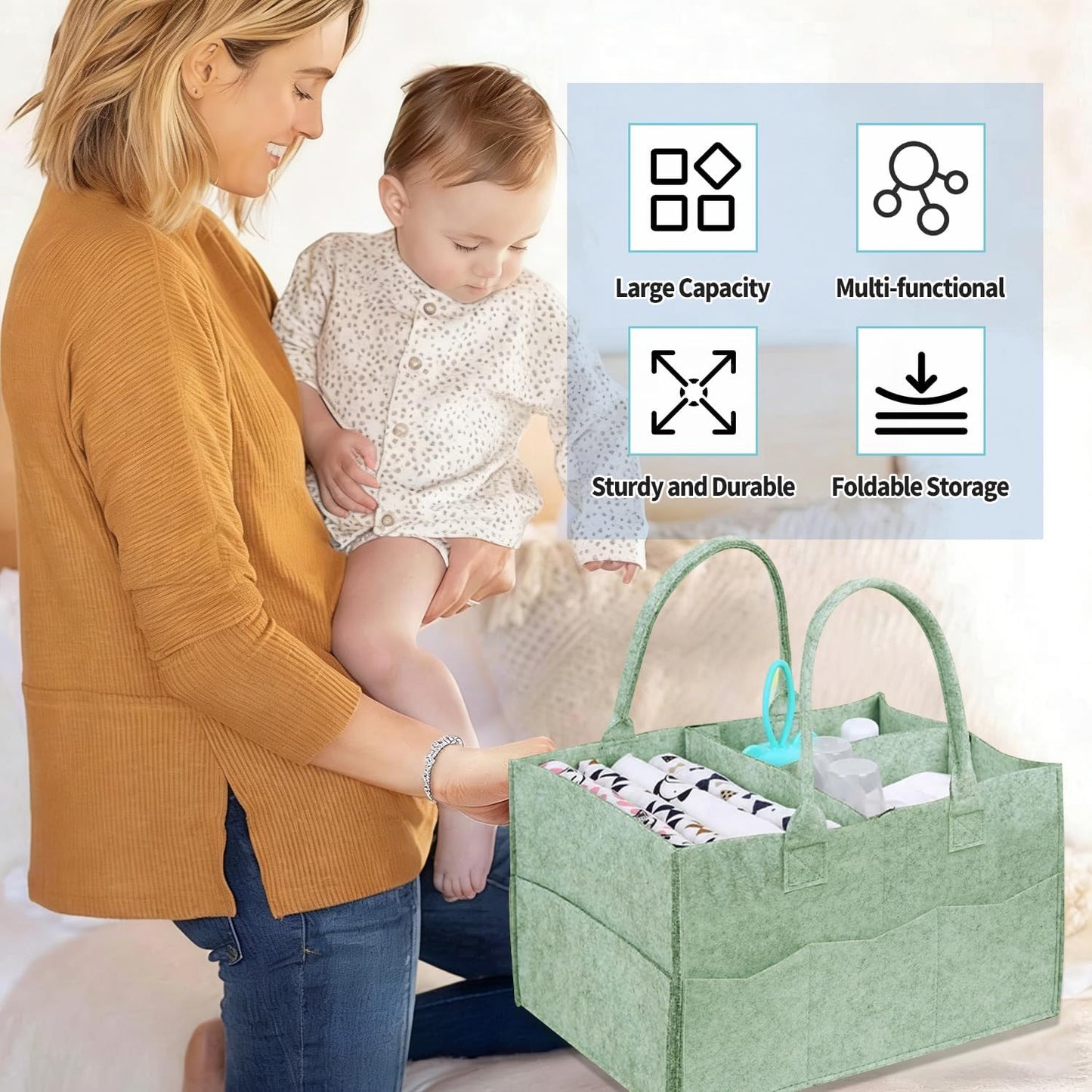 2 Pack Diaper Caddy Organizer, Portable Baby Caddy Organizer with Handle, Collapsible Nursery Storage Bin and Gift Baskets for Girls and Boys - Newborn Essentials, Baby Shower Gifts (Green)