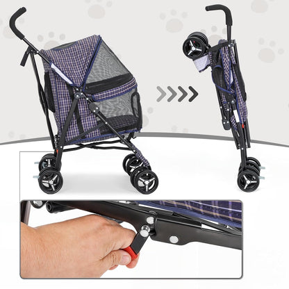 MoNiBloom 4 Wheels Pet Stroller, Easy-Fold Puppy Cage Jogger Stroller with Sun Cover, Pad and Rear Storage Bag, Breathable and Visible Mesh for Small/Medium Pets up to 22 lbs, Black
