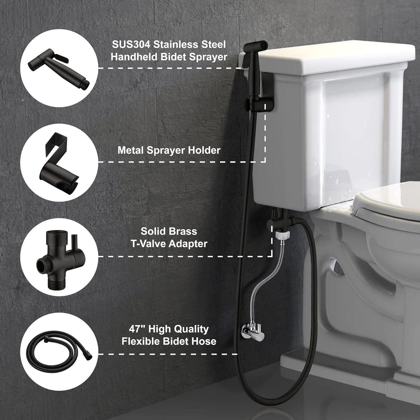 SHAMANDA Handheld Bidet Sprayer for Toilet, Stainless Steel Baby Cloth Diaper Sprayer Kit, Bathroom Toilet Bidet Attachment Set for Bathing Pets Feminine Hygiene, Matte Black BDS01-7