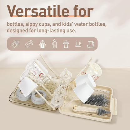 Baby Bottle Brush Set, 6-in-1 Travel Bottle Cleaner Kit with Silicone Bottle Brush, Nipple & Straw Brush, Soap Dispenser, Drying Rack, Storage Box – Compact Baby Travel Essential for Home & On-The-Go