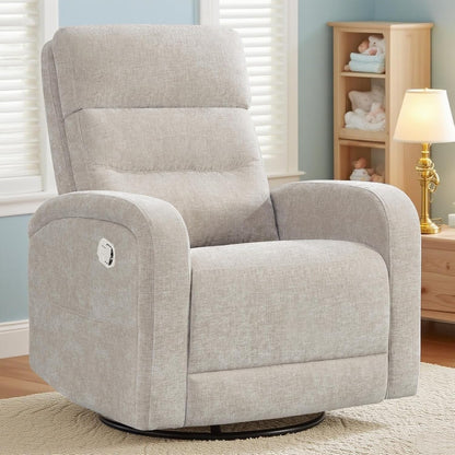 Power Swivel Rocker Recliner Chair for Nursery, Swivel Reclining Rocking Chairs, Electric Glider for Living Room, Upholstered Recliner Chairs for Bedroom, Corduroy White