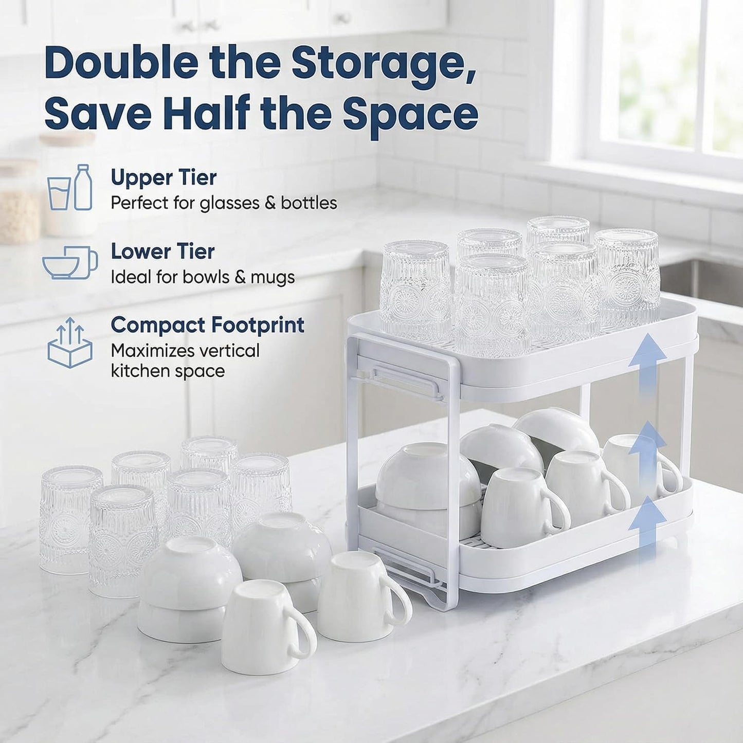 2-Tier Cup Drying Rack with Removable Drainboard, Rust-Proof Iron Mug Organizer, Multi-Purpose Bottle Drying Stand for Baby Bottles, Fruits, Vegetables, Countertop Space Saver, White