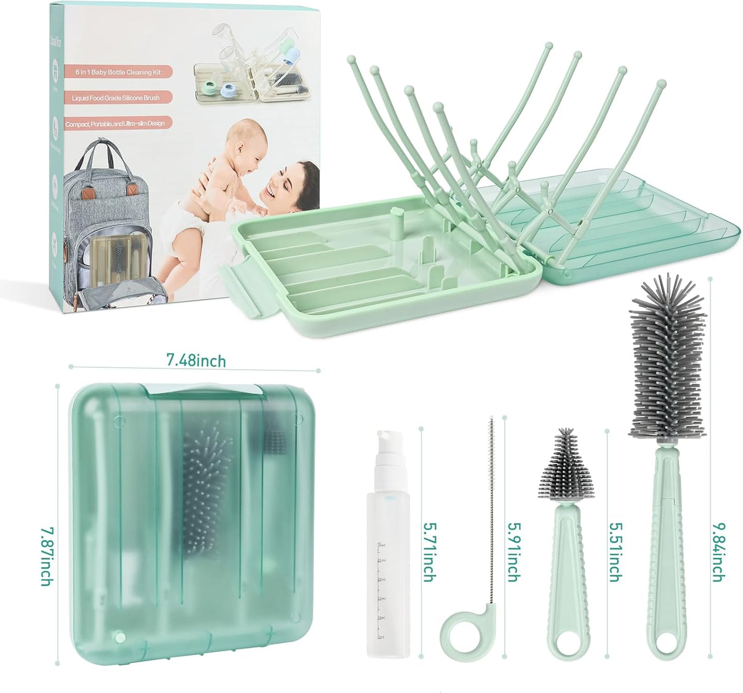 Baby Bottle Brush Set, 6-in-1 Travel Bottle Cleaner Kit with Silicone Bottle Brush, Nipple & Straw Brush, Soap Dispenser, Drying Rack, Storage Box – Compact Baby Travel Essential for Home & On-The-Go