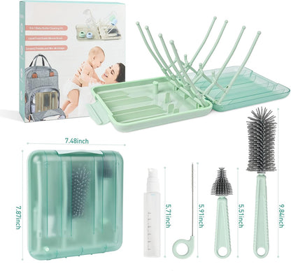 Baby Bottle Brush Set, 6-in-1 Travel Bottle Cleaner Kit with Silicone Bottle Brush, Nipple & Straw Brush, Soap Dispenser, Drying Rack, Storage Box – Compact Baby Travel Essential for Home & On-The-Go