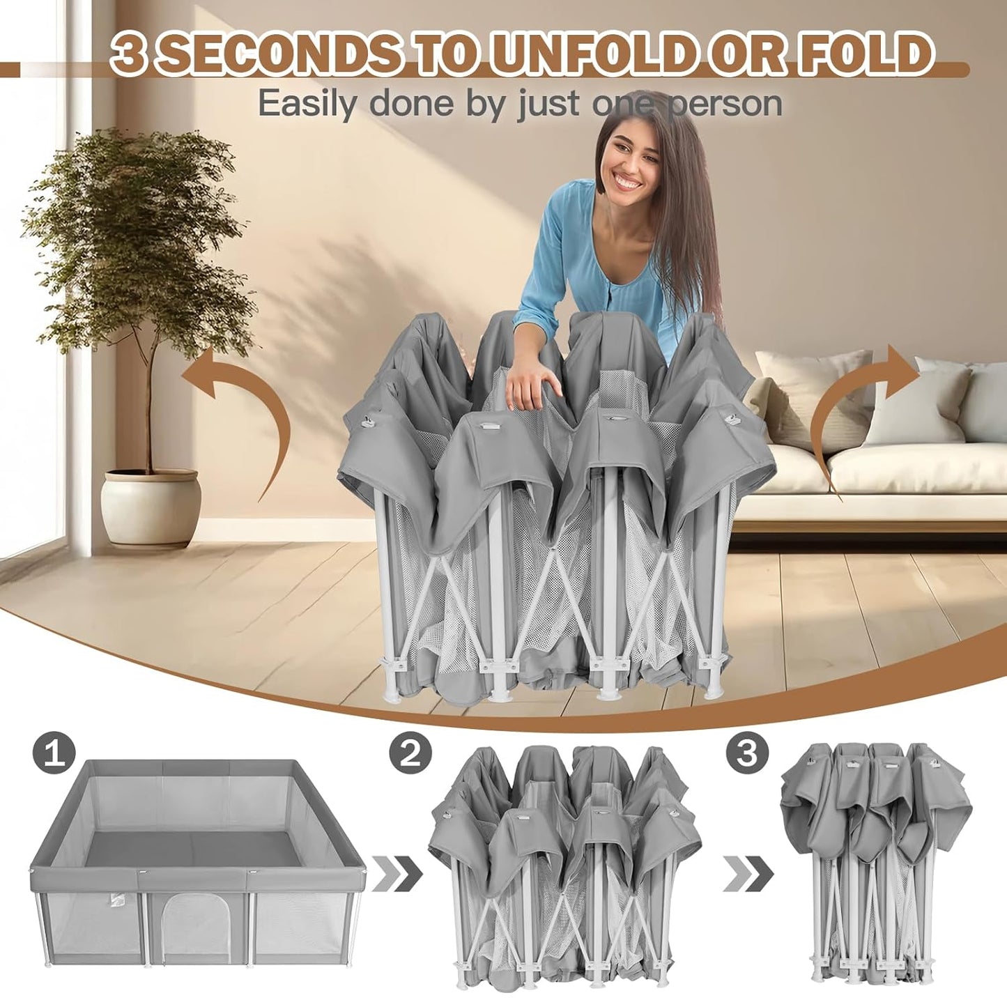 Foldable Baby Playpen 50"×50", Playard for Babies and Toddlers, Portable Safety Baby Fence Lightweight,No Installation, Indoor & Outdoor Playpen with Ocean Balls*50, Grey
