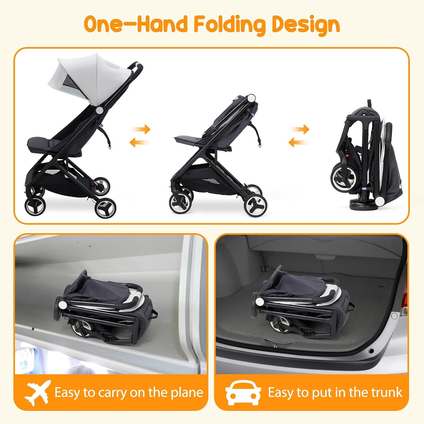 Lightweight Baby Stroller, Compact One-Hand Fold Travel Stroller Airplane Friendly, Reclining Infant Stroller with 5-Point Harness & Adjustable Canopy, All-Terrain Stroller for Toddlers 6-36 Months