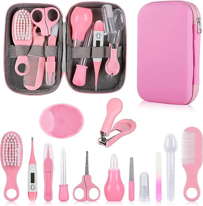 Baby Grooming Kit, Infant Safety Care Set with Hair Brush Comb Nail Clipper Nasal Aspirator,Baby Essentials Kit for Newborn Girls Boys (Grey White)