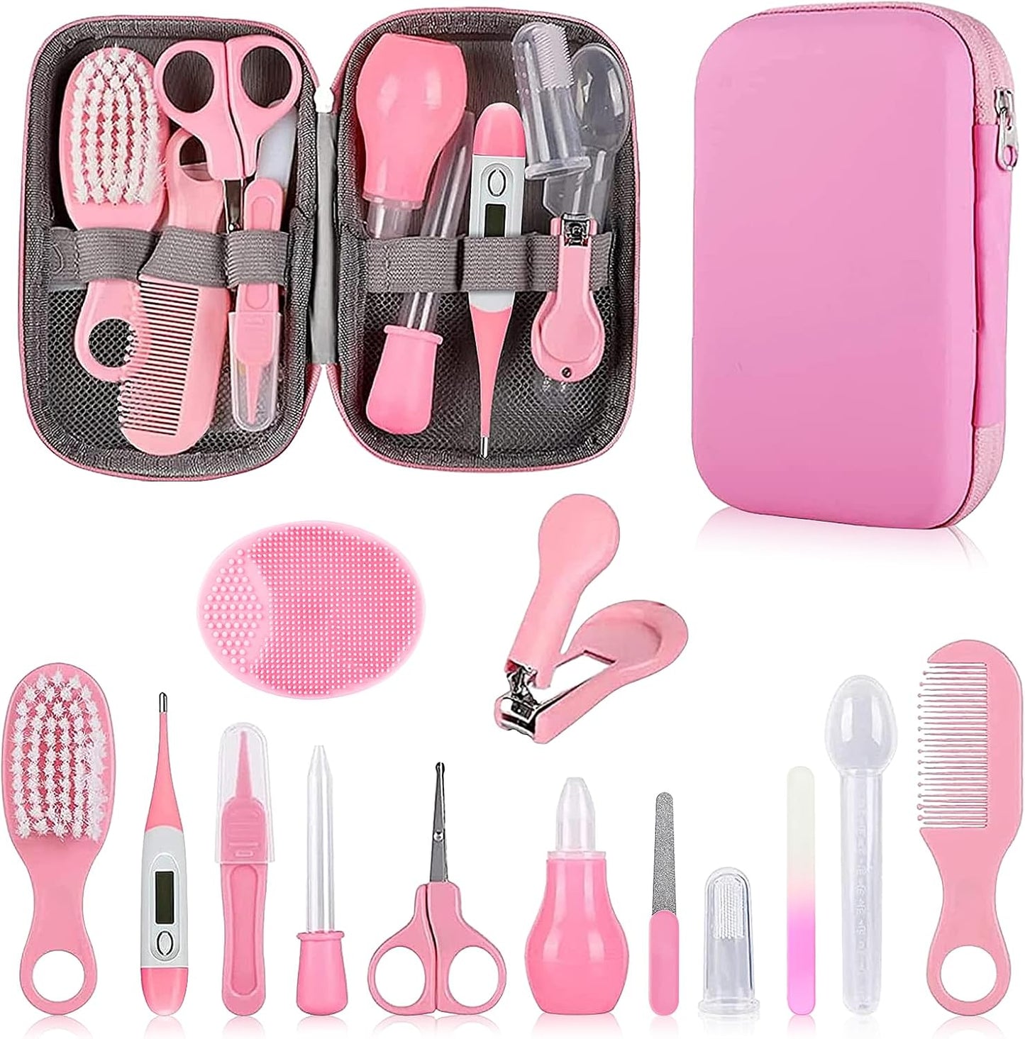 Baby Grooming Kit, Infant Safety Care Set with Hair Brush Comb Nail Clipper Nasal Aspirator,Baby Essentials Kit for Newborn Girls Boys (Grey White)