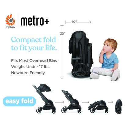 Ergobaby Metro+ Deluxe Compact Baby Stroller, Lightweight Umbrella Stroller Folds Down for Overhead Airplane Storage (Carries up to 50 lbs), Car Seat Compatible, London Grey