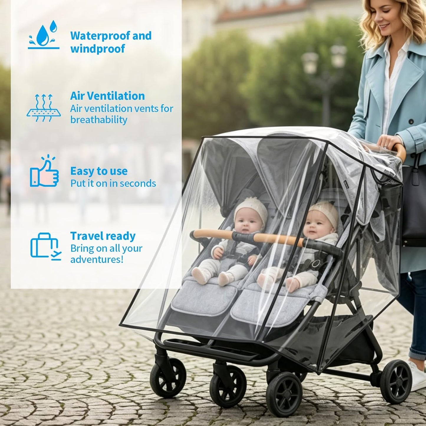 Rain Cover Compatible with Zoe Twin Double Stroller, Double Stroller Rain Cover Side by Side, Waterproof Windproof Shield, Breathable Clear Cover, Foldable Travel Stroller Accessories for Daily Walks