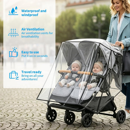 Rain Cover Compatible with Zoe Twin Double Stroller, Double Stroller Rain Cover Side by Side, Waterproof Windproof Shield, Breathable Clear Cover, Foldable Travel Stroller Accessories for Daily Walks