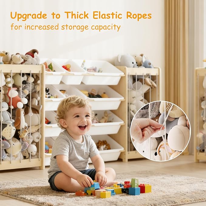 EXPERLAM Large Toy Storage Organizer, Wooden Stuffed Animal Storage & 12-Bins Toy Organizer, Double-Sided Plush Toy Holder Featuring Thicker Ropes, Space Save Playroom Nursery Bedroom Storage, White