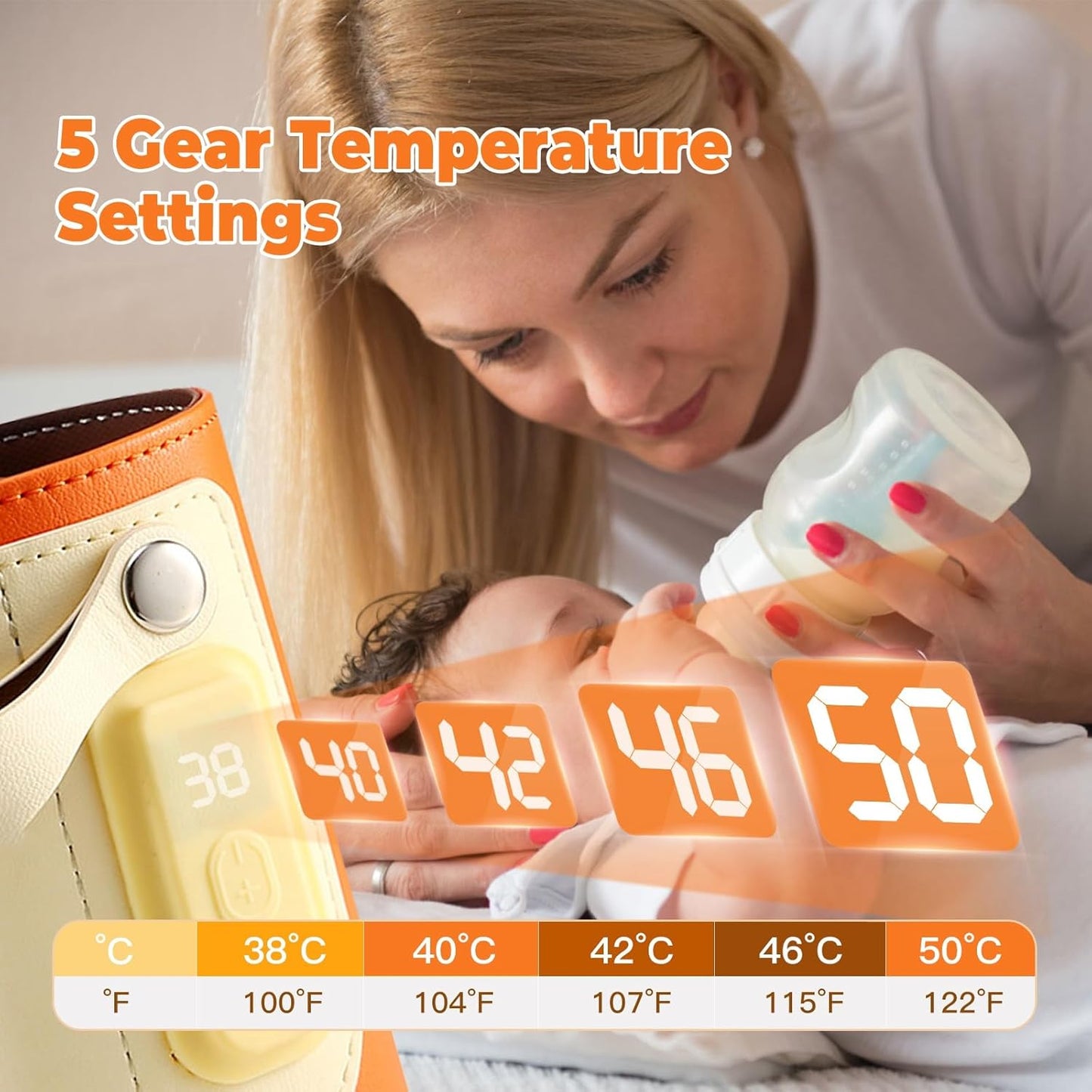 Baby Bottle Warmer – Portable Milk Warmer with 5 Adjustable Temperature Levels, LED Display & Fast Charging, Bottle Insulation Cover for Travel, Car & Outdoor Use