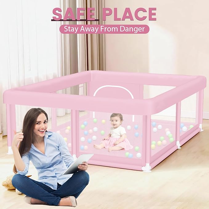 Hiaksedt Large Baby Playpen 50"x50" Baby Girl Play Pen for Babies and Toddlers, Safe Structure and Soft, Skin-Friendly Fabric with Zipper Gates Pink