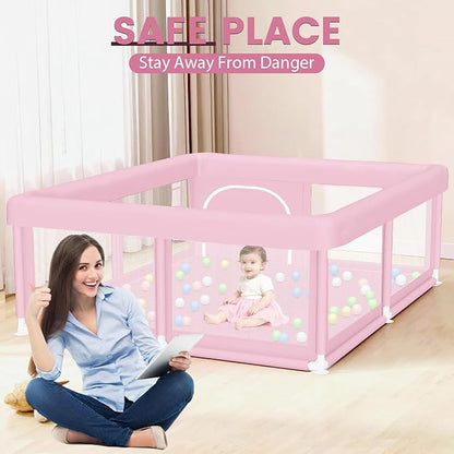 Hiaksedt Large Baby Playpen 50"x50" Baby Girl Play Pen for Babies and Toddlers, Safe Structure and Soft, Skin-Friendly Fabric with Zipper Gates Pink