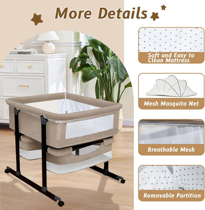 Twin Bassinet for 2 Babies, Double Bassinet for Twins with Music Toys, Mosquito Net & Storage Basket Portable Foldable Bedside Sleeper for Newborns, Grey | Side By Side Design, Independent Space, Small Space Fit, Safe Co Sleeping, Stable Frame