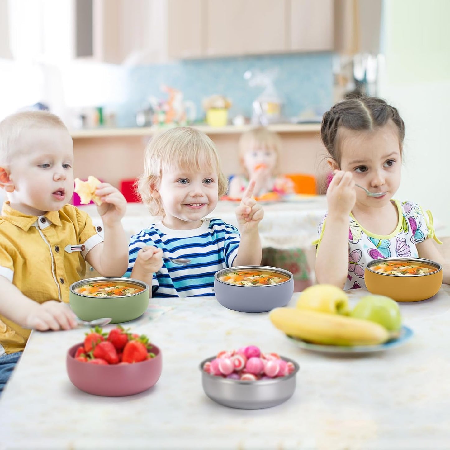 ShineMe Stainless Steel Bowls, 6 pack Snack Containers with Removable Colorful Silicone Sleeves, Unbreakable Kids Bowls for Icecream, Soup, Cereal, Yogurt...