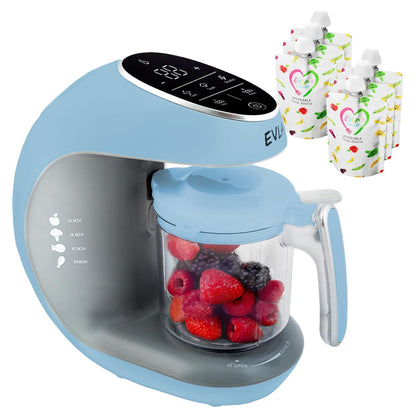 EVLA'S Baby Food Maker, Steamer, Blender, Baby Food Processor for Healthy Homemade Baby Food in Minutes, Touch Screen with 6 Reusable Food Pouches, Baby Registry Essential, White