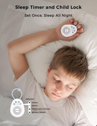 FOXFINE Portable Sound Machine, Travel White Noise Machine with 30 Soothing Sounds, Timer & Memory for Sleeping, Baby, Adults, White