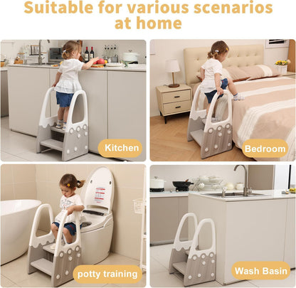 Two Step Stool with Handrails for Toddler and Kids, Standing Learning Stool Tower for Bathroom Sink, Potty Training, Children Step Up Learning Helper with Handles and Safety Non-Slip Pads(Gray)