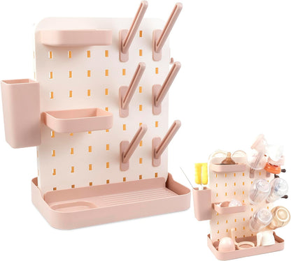 Baby Bottle Drying Rack Space Saving Countertop Vertical Rack with Brushes Holder (Pink)