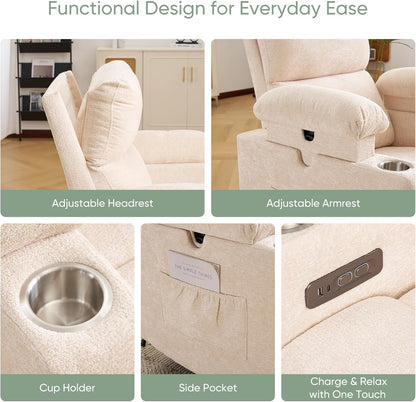 Rocking Chair Nursery with Adjustable Armrest for Breastfeeding, Glider Recliner Nursery Chair with Massage and Heat, Power Swivel Rocker Recliner with Adjustable Headrest, Corduroy, Beige