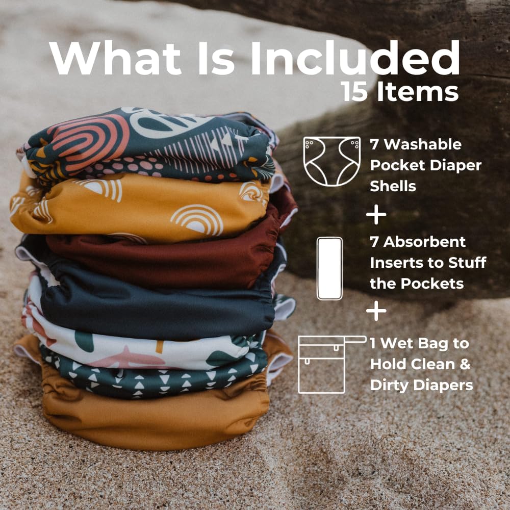 Nora's Nursery Cloth Diapers 7 Pack with 7 Inserts & 1 Wet Bag - Waterproof Cover, Washable, Reusable & One Size Adjustable Pocket Diapers for Newborns and Toddlers - Delilah